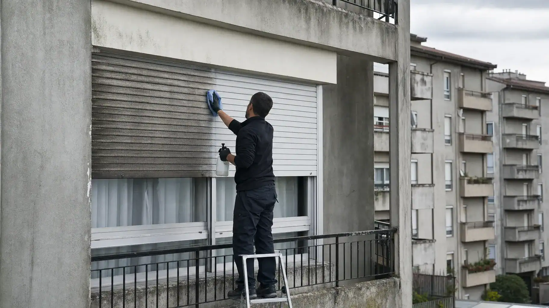 Limpieza de viviendas en Sestao: operaria limpiando la persiana y el marco de un piso antiguo con pátina oscura