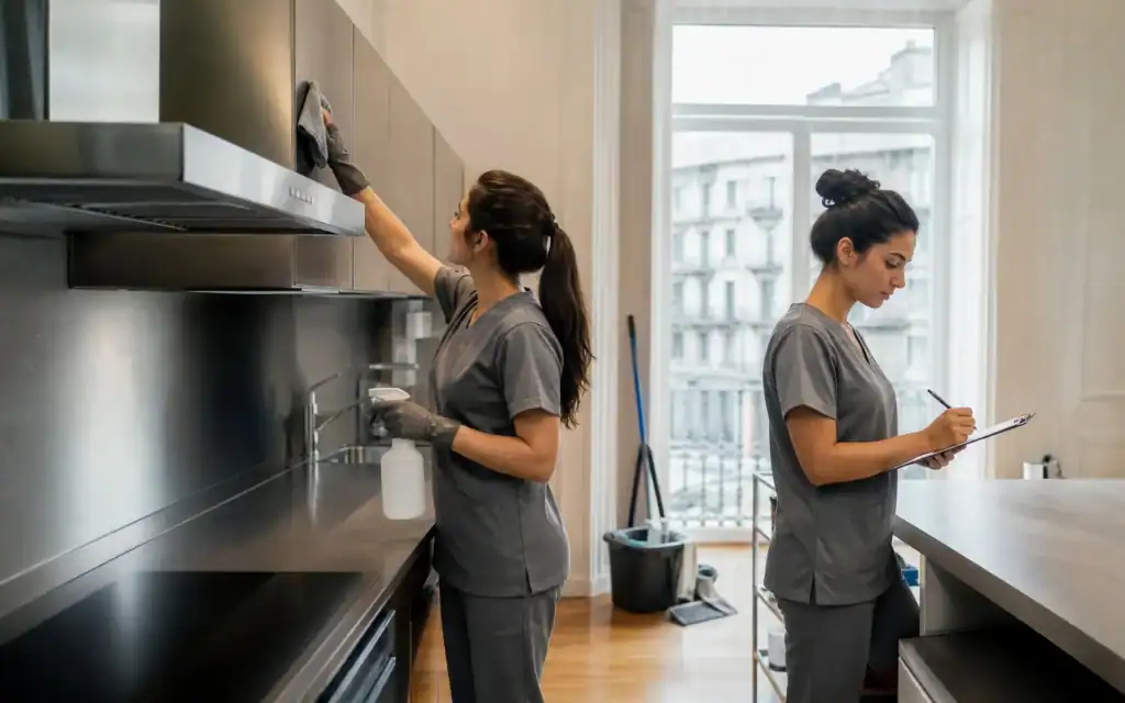 Limpieza de viviendas en Bilbao: equipo repasando con checklist la cocina de un piso del ensanche de Indautxu