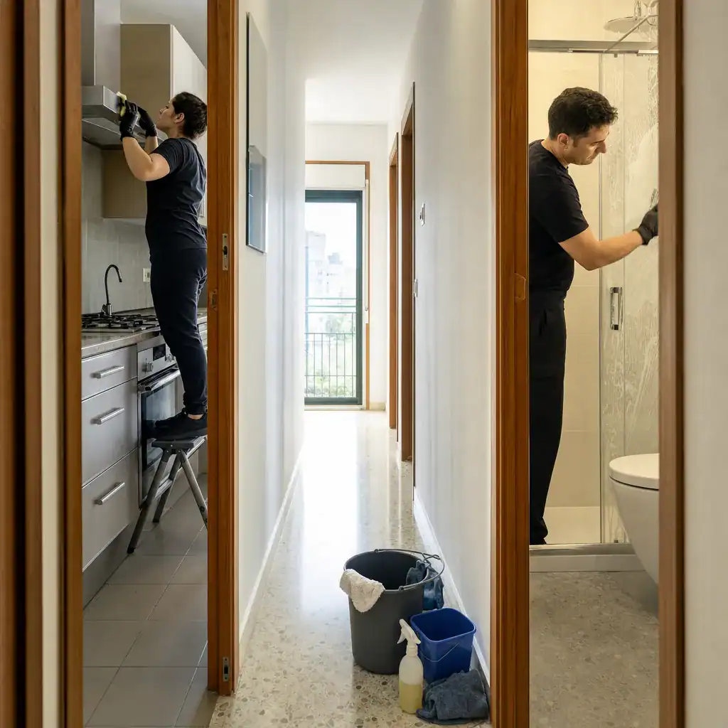 Limpieza de viviendas en Portugalete: dos operarios limpiando a fondo la cocina y el baño de un piso pequeño
