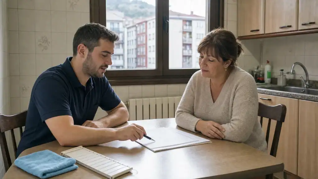 Limpieza de viviendas en Sestao: responsable explicando el presupuesto con el tratamiento de persianas incluido