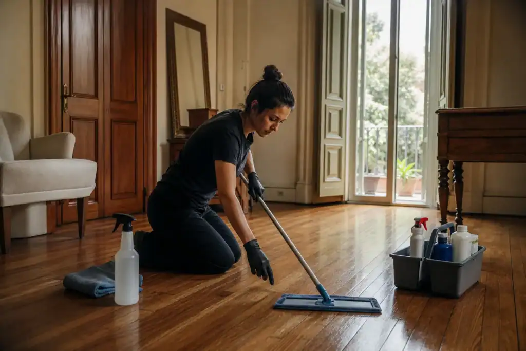 Limpieza de viviendas en Durango: limpieza de un suelo de madera original con mopa de microfibra escurrida