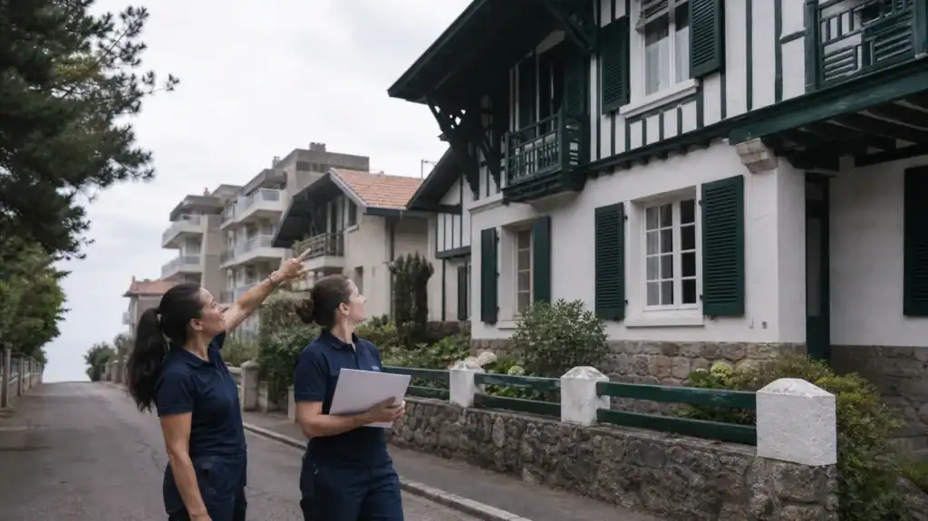 Limpieza de viviendas en Getxo: responsable revisando ventanas y carpintería exterior de un chalet