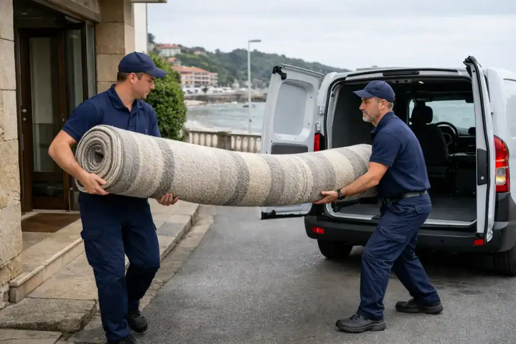 Limpieza de Alfombras y Moquetas en Getxo: recogida de alfombra en un portal residencial