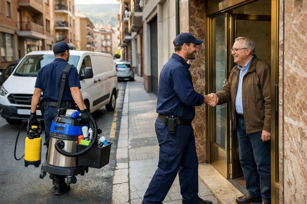 Técnicos de limpieza de aire acondicionado llegando a edificio de Basauri con equipamiento profesional