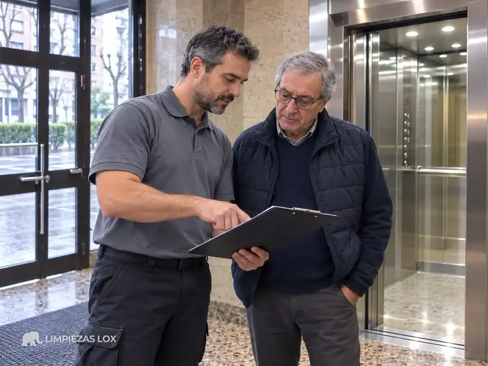 Limpieza de ascensores en Barakaldo: revisión del parte de visita en el portal con la cabina limpia al fondo