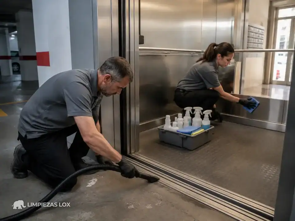 Limpieza de ascensores en Basauri: equipo limpiando la cabina en la parada del garaje comunitario