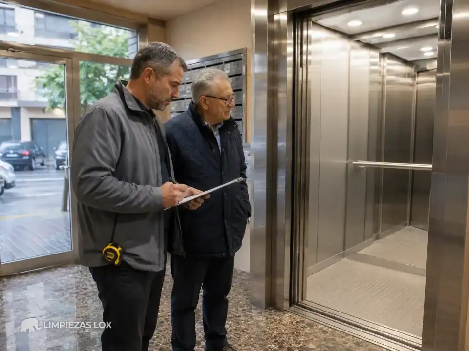Limpieza de ascensores en Basauri: visita de medición del ascensor con el presidente de la comunidad