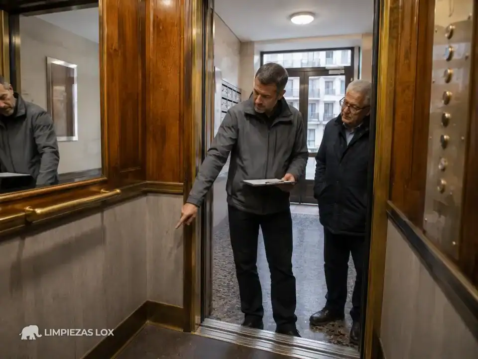Limpieza de ascensores en Bilbao: supervisor contando los distintos acabados de una cabina antes de presupuestar