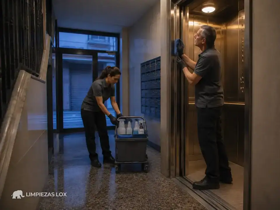 Limpieza de ascensores en Durango: equipo terminando la cabina antes de que abra el local del bajo