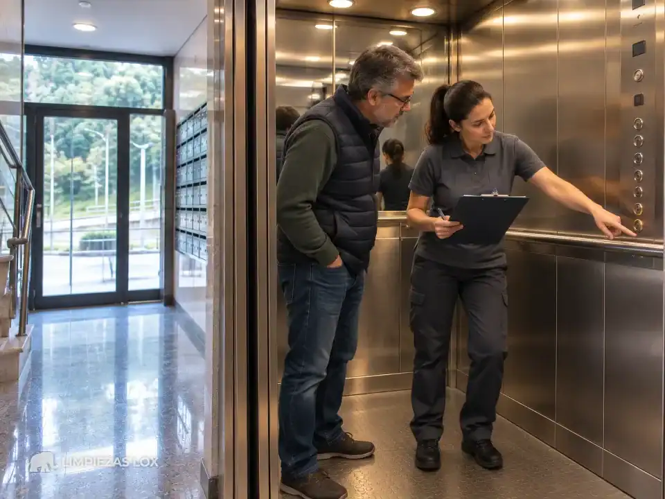 Limpieza de ascensores en Galdakao: visita de presupuesto revisando pasamanos y botonera