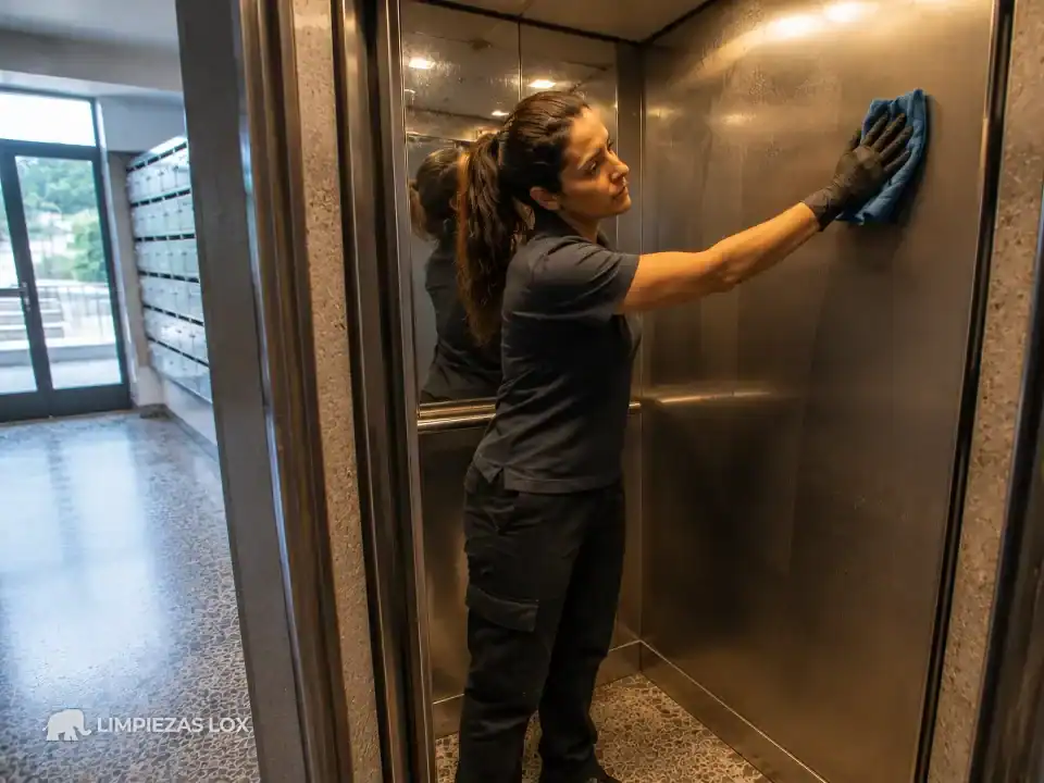 Limpieza de ascensores en Portugalete: técnica repasando la pared completa de una cabina estrecha