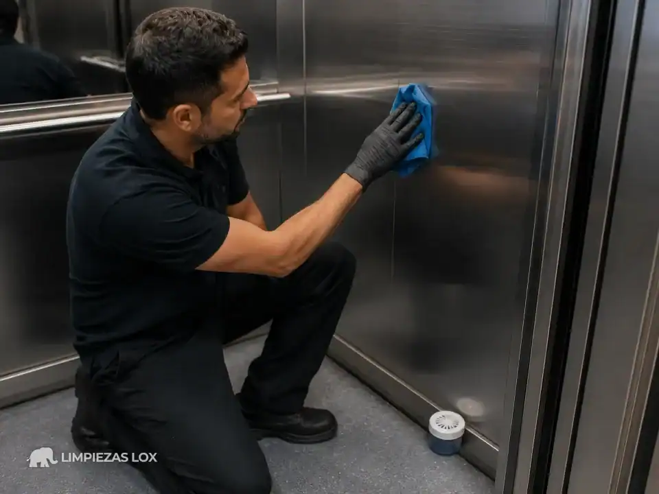 Limpieza de Ascensores en Santurtzi: repaso del acero inoxidable de la cabina con el ambientador descartado
