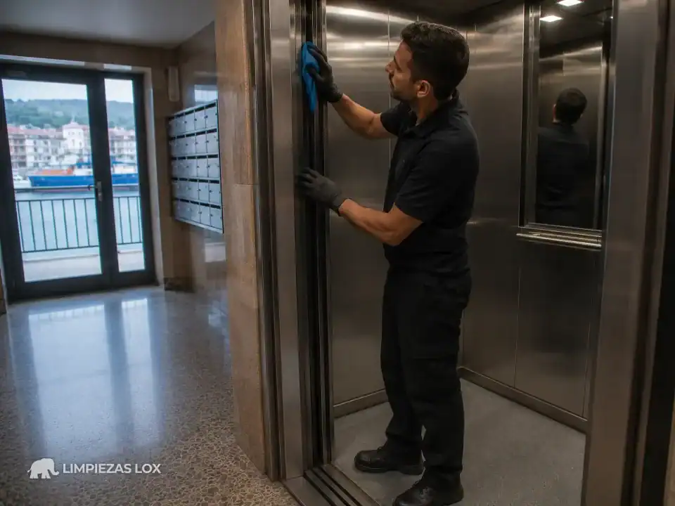 Limpieza de ascensores en Santurtzi: técnico repasando la junta de goma de la puerta de una cabina cerrada
