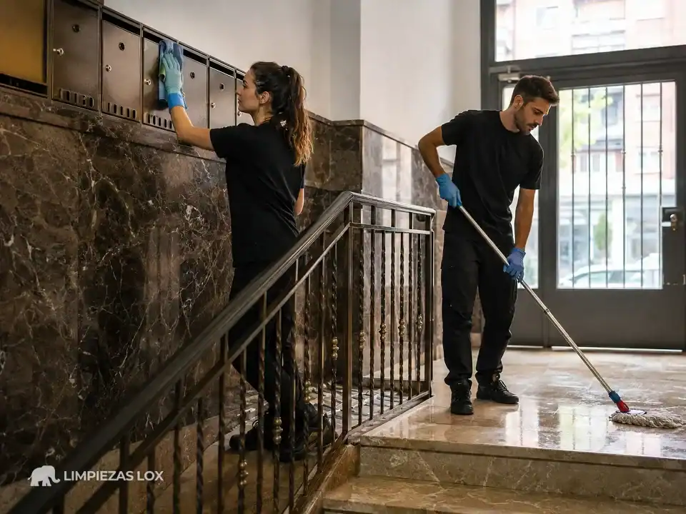 Limpieza de escaleras en Barakaldo: equipo profesional limpiando el portal de una comunidad de vecinos
