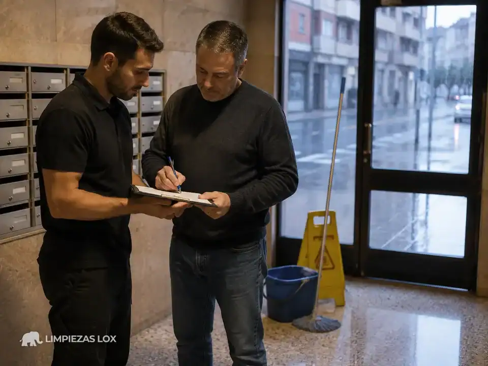 Limpieza de escaleras en Barakaldo: el presidente de la comunidad firma el parte de trabajo en el portal