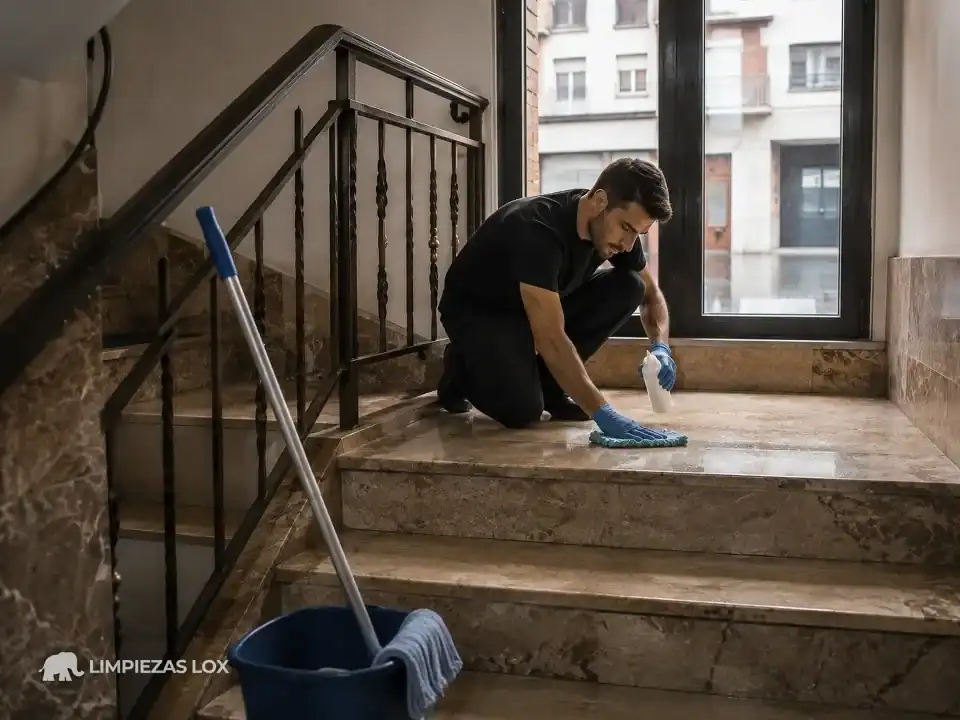 Limpieza de escaleras en Barakaldo: operario tratando los peldaños de mármol con producto neutro