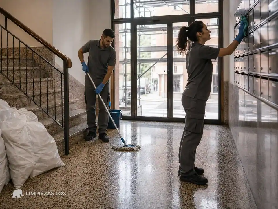 Limpieza de escaleras en Basauri: equipo profesional limpiando el portal de una comunidad con obra