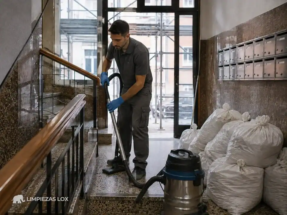 Limpieza de escaleras en Basauri: operario aspirando polvo de obra en un portal con andamio