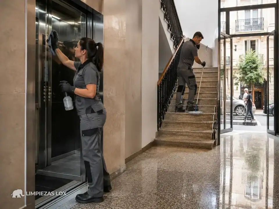 Limpieza de escaleras en Bilbao: dos operarios limpiando ascensor y escalera con distinta frecuencia