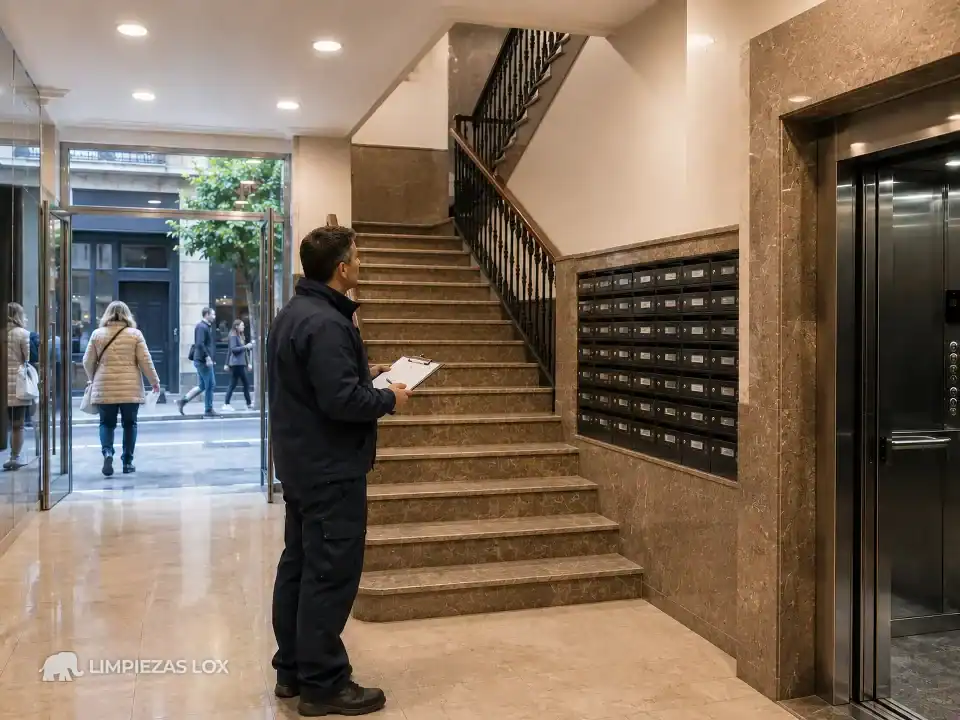 Limpieza de escaleras en Bilbao: visita de valoración midiendo el tránsito del portal