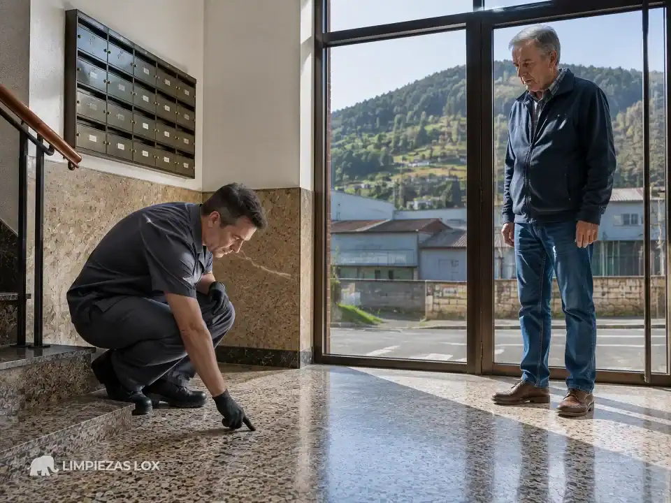 Limpieza de escaleras en Galdakao: técnico revisando el suelo del portal antes de fijar el protocolo