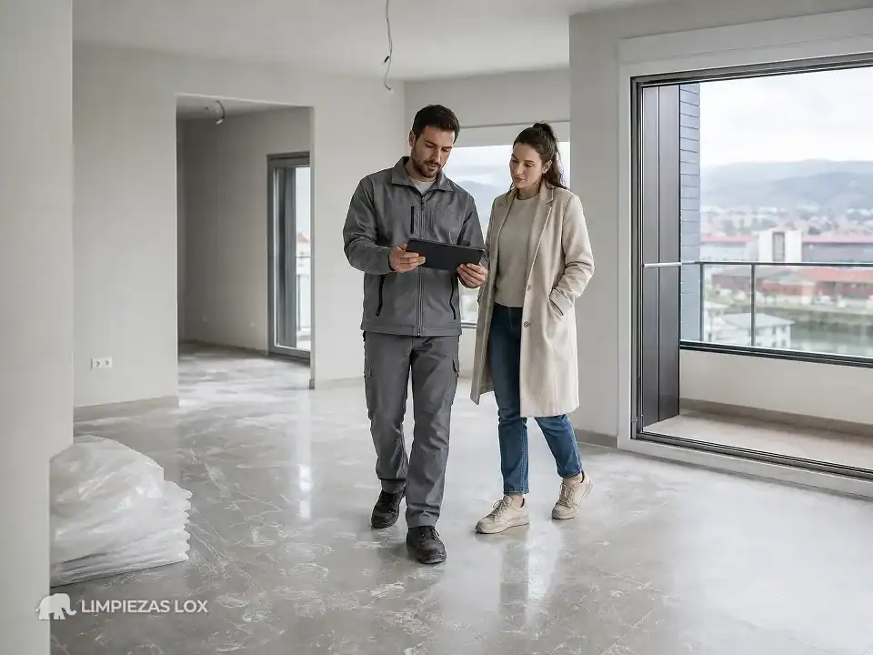 Limpieza de fin de obra en Barakaldo: técnico valorando un piso nuevo para dar presupuesto cerrado