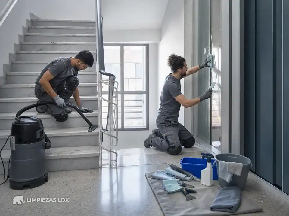 Limpieza de Fin de Obra en Basauri: dos técnicos aspiran el polvo de obra de la escalera y los cristales del portal