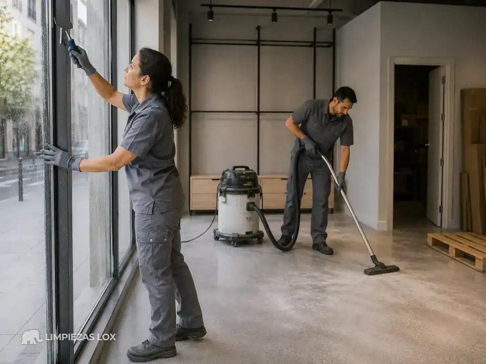 Limpieza de Fin de Obra en Durango: técnicos limpian escaparate y suelo de un local antes de abrir