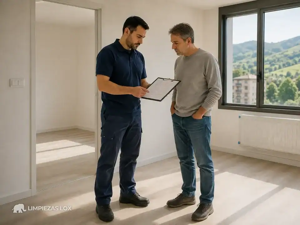 Limpieza de fin de obra en Galdakao: supervisor entregando presupuesto cerrado en un piso recién reformado