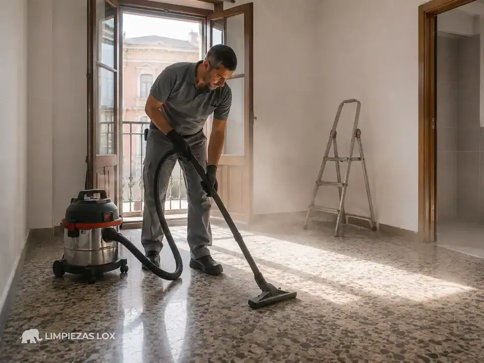 Limpieza de Fin de Obra en Sestao: técnico aspirando el polvo de la reforma en un piso heredado vacío