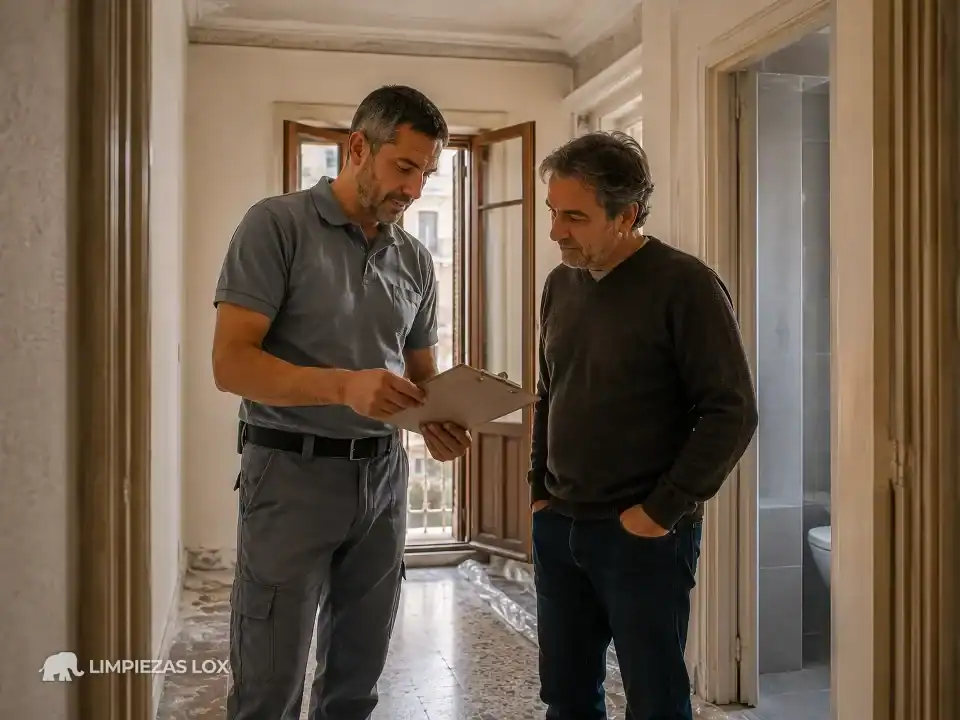 Limpieza de Fin de Obra en Sestao: técnico entregando el presupuesto cerrado al heredero del piso