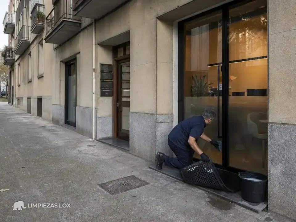 Limpieza de oficinas en Basauri: operario limpiando el umbral de una lonja en un edificio de viviendas
