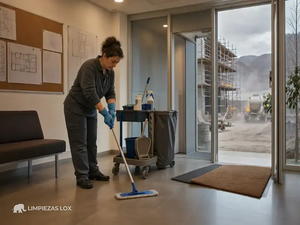 Limpieza de oficinas en Galdakao: recepción impecable con la obra trabajando al otro lado de la puerta