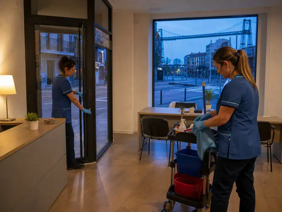 Limpieza de oficinas en Getxo: equipo cerrando un despacho de Romo antes de la apertura