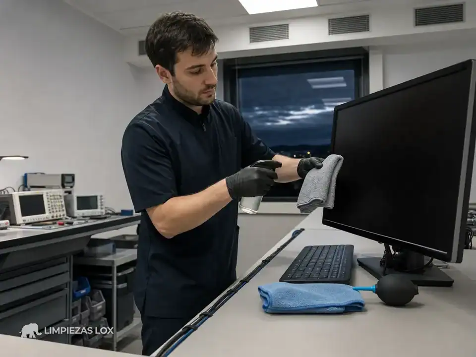 Limpieza de oficinas en Leioa: limpieza de pantalla con microfibra sin mojar el equipo del despacho