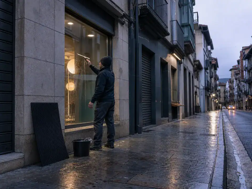 Limpieza de oficinas en Portugalete: cristalero repasando el escaparate de un local antes de abrir
