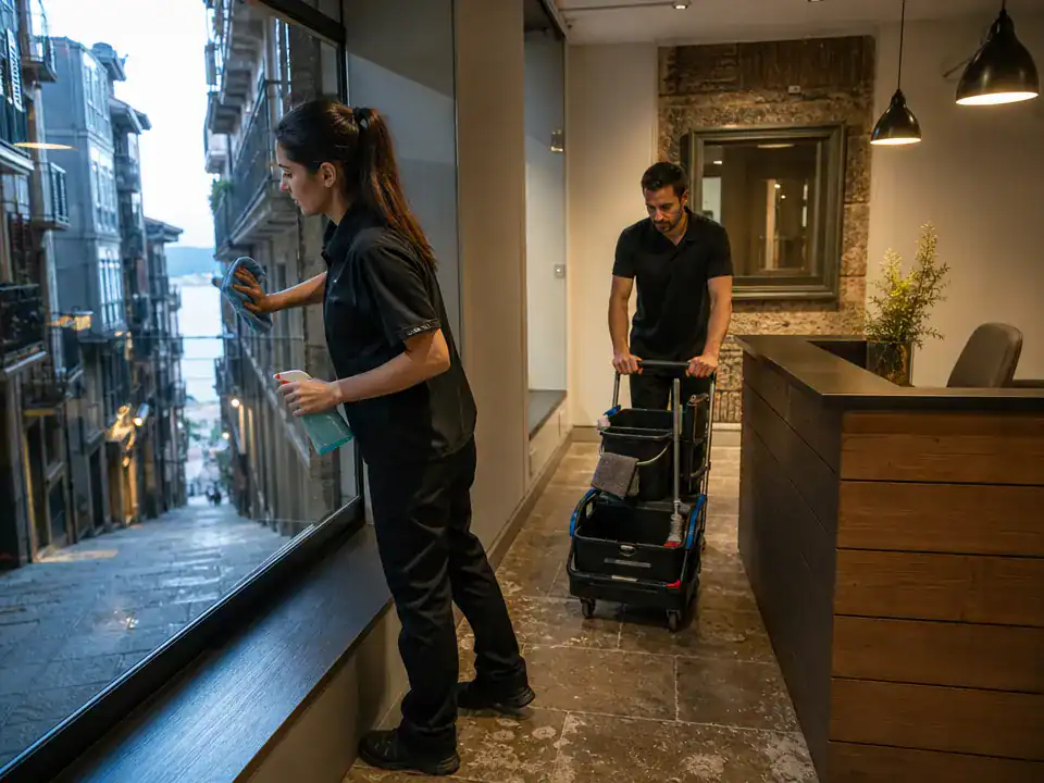 Limpieza de oficinas en Portugalete: equipo limpiando un local a pie de calle antes de abrir