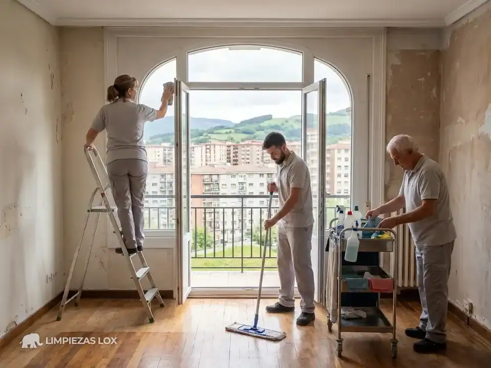 Limpiezas Generales en Basauri: equipo profesional limpiando a fondo un piso con vistas a la ciudad
