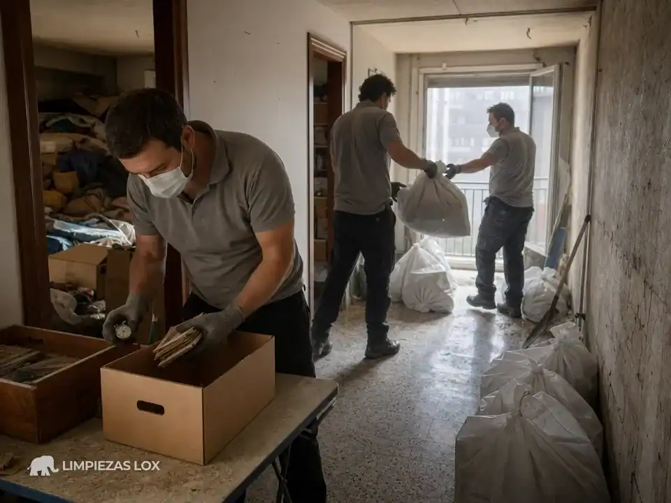 Síndrome de Diógenes en Basauri: operarios vaciando y clasificando objetos de valor en un piso acumulado
