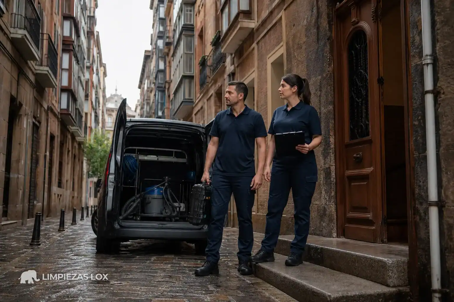 Síndrome de Diógenes en Bilbao: equipo profesional llegando a un edificio del Casco Viejo