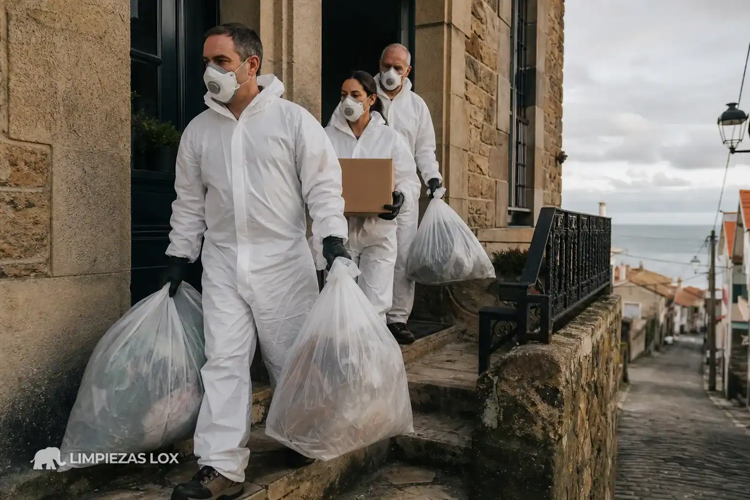 Síndrome de Diógenes en Getxo: equipo protegido retirando enseres de un piso en Algorta