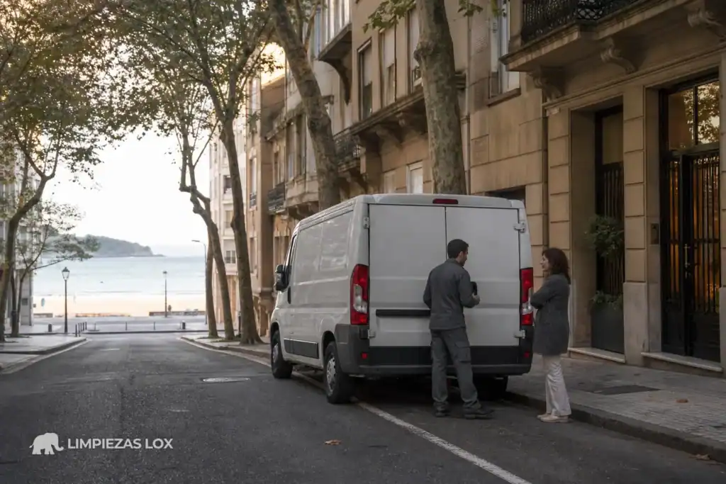 Síndrome de Diógenes en Getxo: furgoneta sin rotular y técnico atendiendo a una clienta en el portal