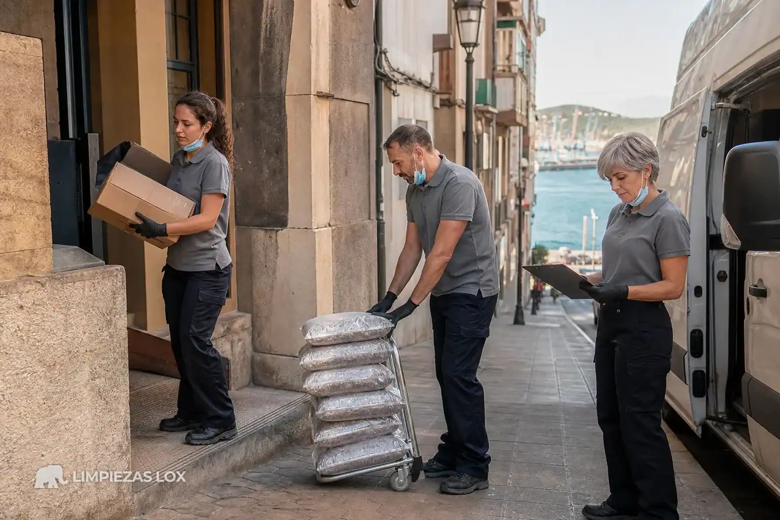 Síndrome de Diógenes en Santurtzi: equipo profesional vaciando un piso en un portal antiguo
